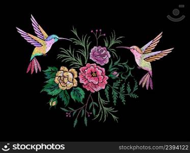 Embroidery flowers birds. Stitched ornament, tshirt embroidered print oriental. Hand made clothing design patch, hummingbird and roses nowaday vector scene. Illustration of floral embroidery ornament. Embroidery flowers birds. Stitched ornament, tshirt embroidered print oriental style. Hand made clothing design patch, hummingbird and roses nowaday vector scene
