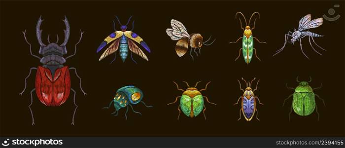 Embroidery insects. Bee, insect stitch patch. Flying bug and butterfly. Beetle floral art, wild garden animals with wings. Isolated handmade vector elements. Illustration of bee insect and embroidery. Embroidery insects. Bee, insect stitch patch. Flying bug and butterfly. Beetle floral art, wild garden animals with wings. Isolated handmade nowaday vector elements