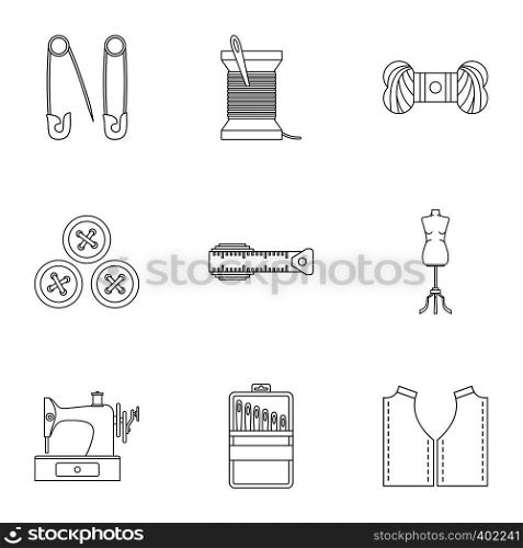 Embroidery kit icons set. Outline illustration of 9 embroidery kit vector icons for web. Embroidery kit icons set, outline style