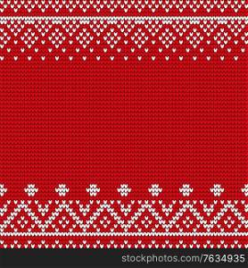 Embroidery pattern vector. Red and white embroidered decoration, closeup of stitches ornaments. Ornamental decor of fabric or cloth. Xmas theme with geometric shapes and forms flat style illustration. Christmas Banner, Empty Poster with Embroidery