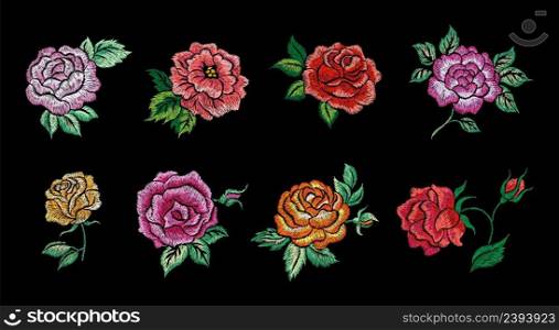 Embroidery roses. Flowers patches, rose with leaf embroidered on black. Fashion vintage decorations, ethnic style print. Silk stitch garden vector. Illustration of blossom plant rose decoration. Embroidery roses. Flowers patches, rose with leaf embroidered on black. Fashion vintage decorations, ethnic style print. Silk stitch garden nowaday vector elements