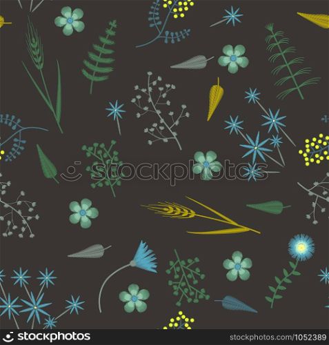 Embroidery seamless pattern with Forest plants and Field wildflowers. Vector illustrations. Vector Embroidery seamless pattern with Forest plants and Field wildflowers.