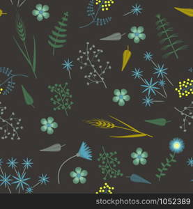 Embroidery seamless pattern with Forest plants and Field wildflowers. Vector illustrations. Vector Embroidery seamless pattern with Forest plants and Field wildflowers.