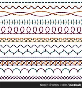Embroidery stitches. Fashion fabric stitch sew edges sewing zigzag thread, seam cross stitching color seamless stitched vector set. Embroidery stitches. Fashion fabric stitch sew edges sewing zigzag thread, seam cross stitching color seamless stitched
