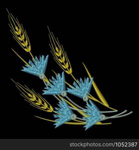 Embroidery Wheat ears and blue Cornflowers. Vector illustrations. Vector Embroidery Wheat ears and blue Cornflowers.