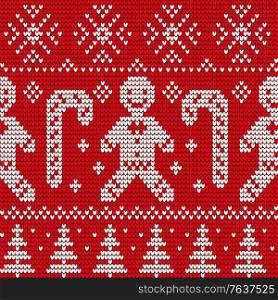 Embroidery with Christmas symbols and characters vector. Embroidered seamless pattern with gingerbread man cookie and candy. Snowflakes and pine trees on corners flat style illustration design. Christmas Themed Red Embroidery Seamless Pattern