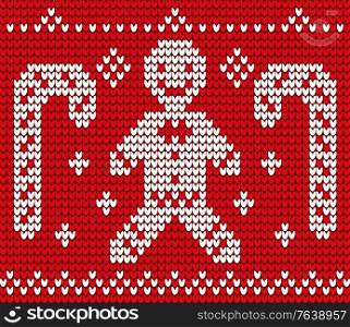 Embroidery with Christmas symbols and characters vector. Embroidered seamless pattern with gingerbread man cookie and candy. Snowflakes and pine trees on corners flat style illustration design. Christmas Themed Red Embroidery Seamless Pattern