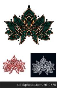 Emerald persian flower with curved pointed petals, adorned by paisley elements, for lace embellishment or interior accessories design. Emerald persian flower with paisley elements