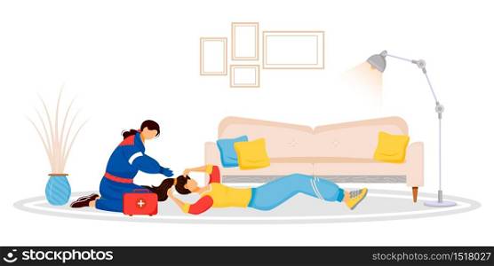 Emergency aid flat color vector faceless characters. Unconscious woman lying on floor. Female doctor. Lady fainting from dizziness. Professional treatment. First help isolated cartoon illustration