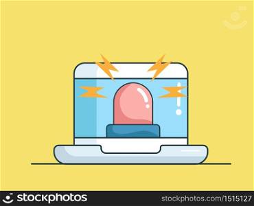 emergency and police siren light on laptop warning on cyber security vector illustration flat design