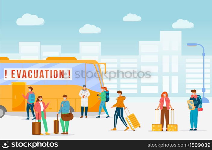 Emergency bus evacuation flat color vector illustration. Virus outbreak, civil protection measure. Area lockdown during epidemic. Quarantine 2D cartoon characters with cityscape on background