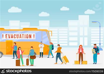 Emergency bus evacuation flat color vector illustration. Virus outbreak, civil protection measure. Area lockdown during epidemic. Quarantine 2D cartoon characters with cityscape on background