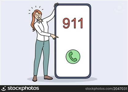 Emergency call and sos concept. Smiling woman standing near huge smartphone pointing at screen with 911 emergency green button call vector illustration . Emergency call and sos concept