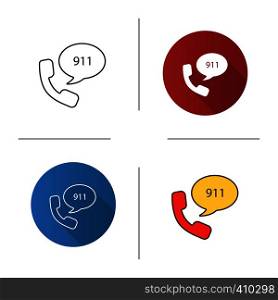 Emergency calling service icon. Flat design, linear and color styles. Handset and speech bubble with 911 number inside. Isolated vector illustrations. Emergency calling service icon