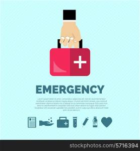 Emergency concept with hand holding first aid kit and healthcare symbols flat vector illustration
