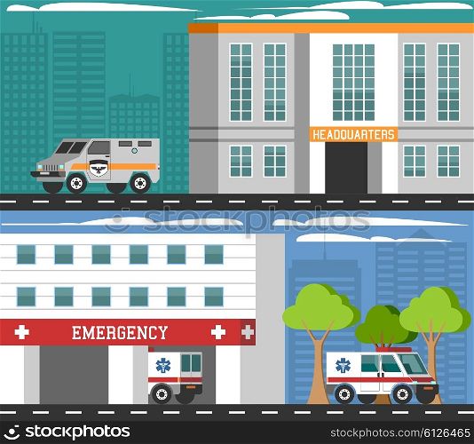 Emergency Departments Vehicles Flat Banners Set . Hospital first aid and military department headquarters emergency vehicles 2 flat horizontal banners composition abstract isolated vector illustration