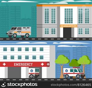 Emergency Departments Vehicles Flat Banners Set . Hospital first aid and military department headquarters emergency vehicles 2 flat horizontal banners composition abstract isolated vector illustration