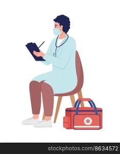 Emergency doctor examining patient semi flat color vector character. Editable figure. Full body person on white. Aid simple cartoon style illustration for web graphic design and animation. Emergency doctor examining patient semi flat color vector character
