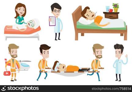Emergency doctors carrying man on medical stretcher. Two emergency doctors transporting victim after accident on the stretcher. Set of vector flat design illustrations isolated on white background.. Vector set of doctor characters and patients.