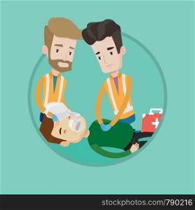 Emergency doctors during process of resuscitation of man. Caucasian emergency doctors doing cardiopulmonary resuscitation of a man. Vector flat design illustration in the circle isolated on background. Emergency doctors carrying man on stretcher.