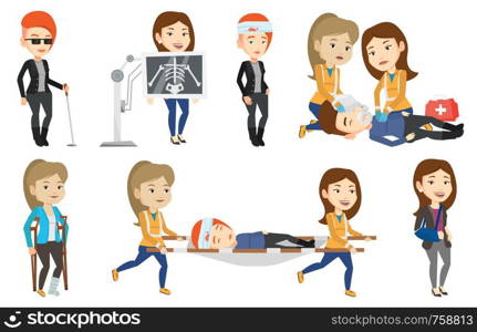 Emergency doctors transporting victim after accident on stretcher. Emergency doctors carrying injured woman on medical stretcher. Set of vector flat design illustrations isolated on white background.. Vector set of doctor characters and patients.