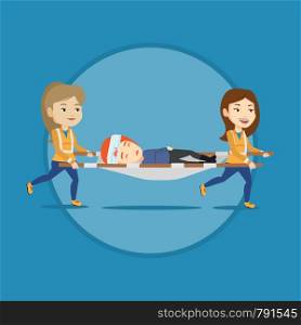 Emergency doctors transporting victim after accident on the stretcher. Emergency doctors carrying injured woman on stretcher. Vector flat design illustration in the circle isolated on background.. Emergency doctors carrying woman on stretcher.