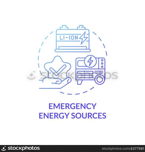 Emergency energy sources blue gradient concept icon. Electricity power generation for blackout abstract idea thin line illustration. Isolated outline drawing. Roboto-Medium, Myriad Pro-Bold fonts used. Emergency energy sources blue gradient concept icon