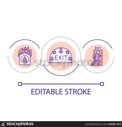 Emergency evacuation during fire in building loop concept icon. Leaving through exit door abstract idea thin line illustration. Isolated outline drawing. Editable stroke. Arial font used. Emergency evacuation during fire in building loop concept icon