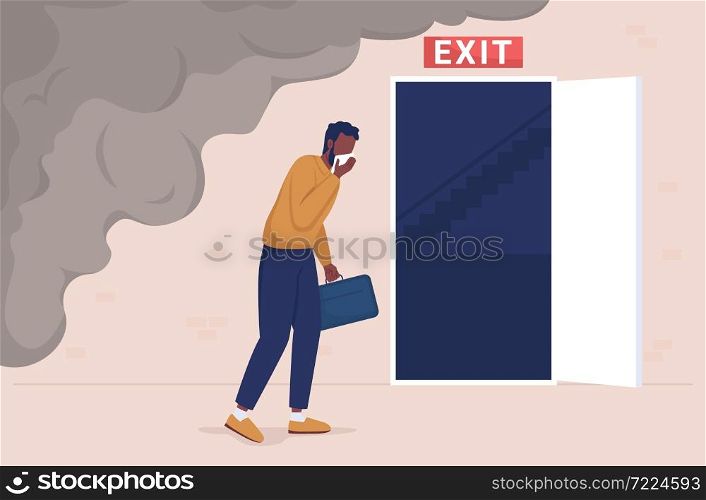 Emergency evacuation from fire flat color vector illustration. Office employee run from smoke. Man escaping emergency situation 2D cartoon character with opened doorway to stairs on background. Emergency evacuation from fire flat color vector illustration