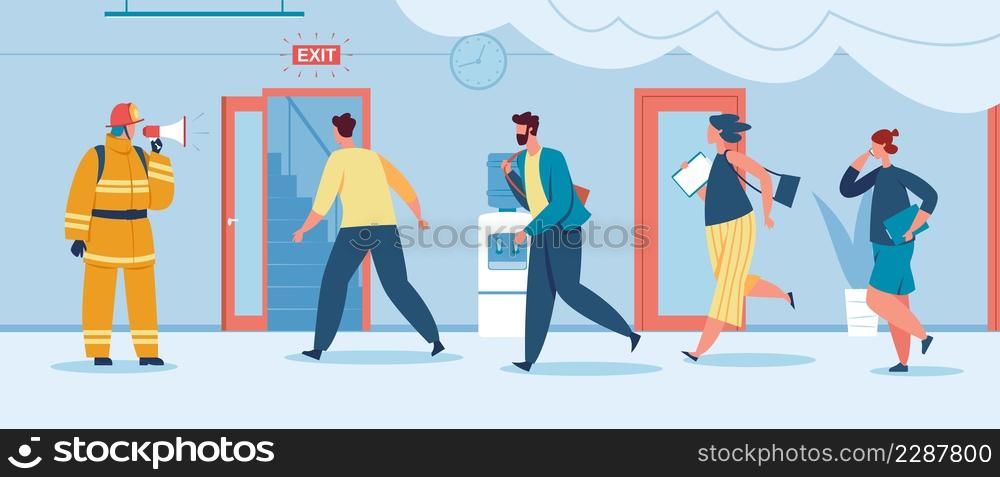 Emergency evacuation procedure, evacuating people burning office building. Firefighter with megaphone, fire safety training vector illustration. Emergency evacuation in doorway, exit and run away. Emergency evacuation procedure, evacuating people burning office building. Firefighter with megaphone, fire safety training vector illustration
