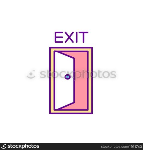 Emergency exit door RGB color icon. Way with directional plaque. Doorway to leave. Entry place. Fire door. Safe evacuation mark. Isolated vector illustration. Simple filled line drawing. Emergency exit door RGB color icon