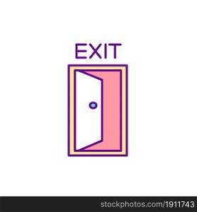 Emergency exit door RGB color icon. Way with directional plaque. Doorway to leave. Entry place. Fire door. Safe evacuation mark. Isolated vector illustration. Simple filled line drawing. Emergency exit door RGB color icon