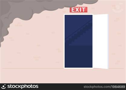 Emergency exit flat color vector illustration. Evacuating building in disaster case. Access to outside. Exit discharge. Emergency evacuation route 2D cartoon interior with smoke on background. Emergency exit flat color vector illustration