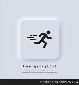 Emergency exit icon. Fire door, safe way, escape. Fire exit. Vector. Neumorphic UI UX white user interface web button. Neumorphism