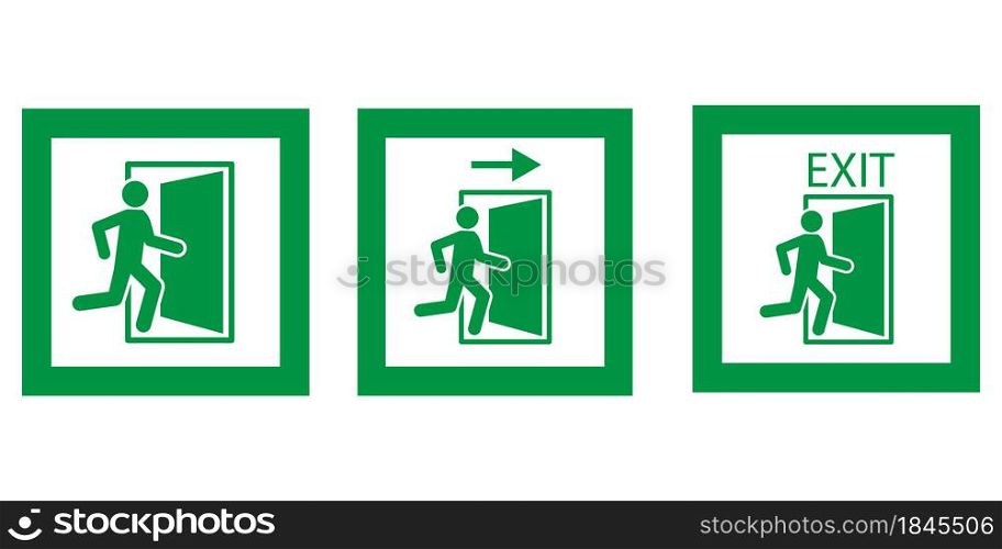 Emergency exit icon in frame. Green running man and exit door sign on white background. Vector illustration. Stock image. EPS 10.. Emergency exit icon in frame. Green running man and exit door sign on white background. Vector illustration. Stock image.
