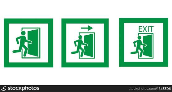 Emergency exit icon in frame. Green running man and exit door sign on white background. Vector illustration. Stock image. EPS 10.. Emergency exit icon in frame. Green running man and exit door sign on white background. Vector illustration. Stock image.