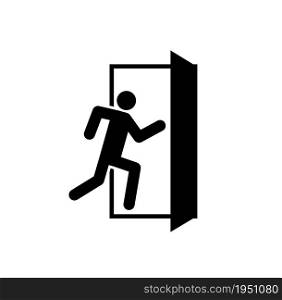 Emergency exit. Sign of fire exit. Icon for safety escape. Black door and human on white background. Symbol of evacuation. Signage for help, run, rescue from building. Route of rescue. Vector.. Emergency exit. Sign of fire exit. Icon for safety escape. Black door and human on white background. Symbol of evacuation. Signage for help, run, rescue from building. Route of rescue. Vector