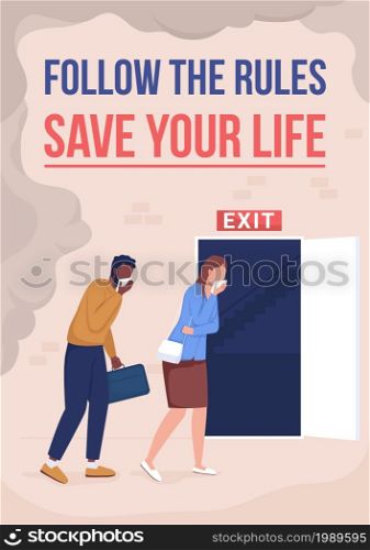 Emergency fire escape poster flat vector template. Office procedure. Brochure, booklet one page concept design with cartoon characters. Follow rules to save your life flyer, leaflet with copy space. Emergency fire escape poster flat vector template