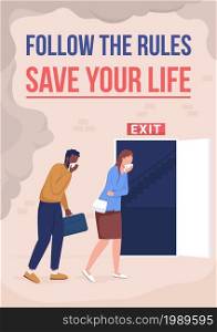 Emergency fire escape poster flat vector template. Office procedure. Brochure, booklet one page concept design with cartoon characters. Follow rules to save your life flyer, leaflet with copy space. Emergency fire escape poster flat vector template