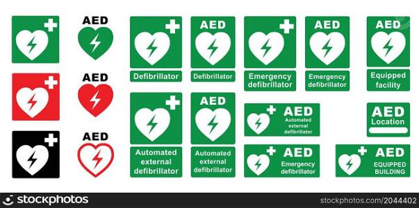 Emergency first aid defibrillator logo sign. White heart icon and white cross icon on a green background. Flat vector symbol location automated external. Medical signs Red automated external defibrillator.