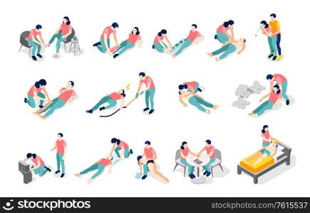 Emergency first aid isometric recolor set with broken bones fractures burns cuts bites poisoning chocking vector illustration