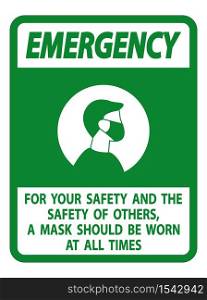 Emergency For Your Safety And Others Mask At All Times Sign on white background