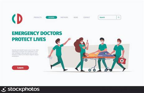 Emergency landing. Doctor protecting person life victim people medical characters garish vector web page design template. Illustration of emergency medical doctor treatment. Emergency landing. Doctor protecting person life victim people medical characters garish vector web page design template