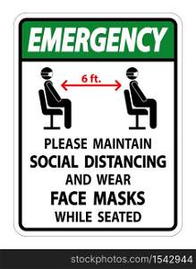 Emergency Maintain Social Distancing Wear Face Masks Sign on white background