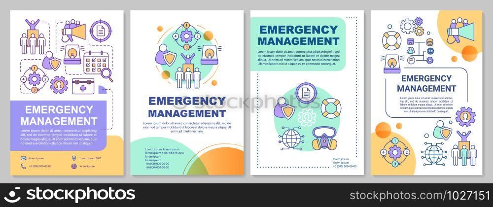 Emergency management brochure template. Natural disaster. Flyer, booklet, leaflet print, cover design with linear illustrations. Vector page layouts for magazines, annual reports, advertising posters