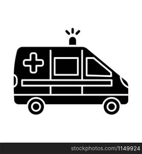 Emergency medical care glyph icon. Ambulance. Urgent transportation. First aid. Accident treatment. Medical procedures. Healthcare. Silhouette symbol. Negative space. Vector isolated illustration