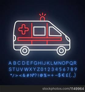 Emergency medical care neon light icon. Ambulance. First aid. Accident treatment. Medical procedures. Healthcare. Glowing sign with alphabet, numbers and symbols. Vector isolated illustration
