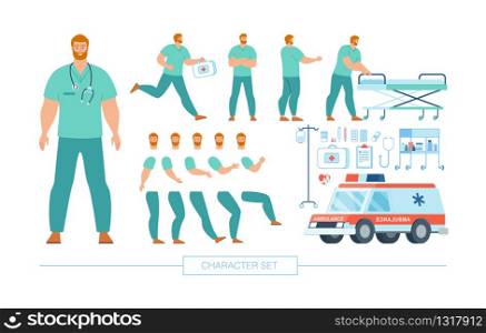 Emergency Medical Service Doctor Character Constructor Trendy Flat Vector, Isolated Design Elements Set. Medic in Uniform Various Poses, Body Parts, Face Expressions, Clinic Equipment Illustration