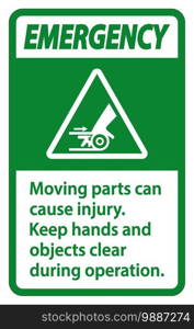 Emergency Moving parts can cause injury sign on white background 