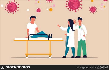 Emergency patient critical transfer on bed hospital. Coronavirus er medical clinic team. Pneumonia corona virus infection. Vector illustration person care cartoon character therapy ambulance covid